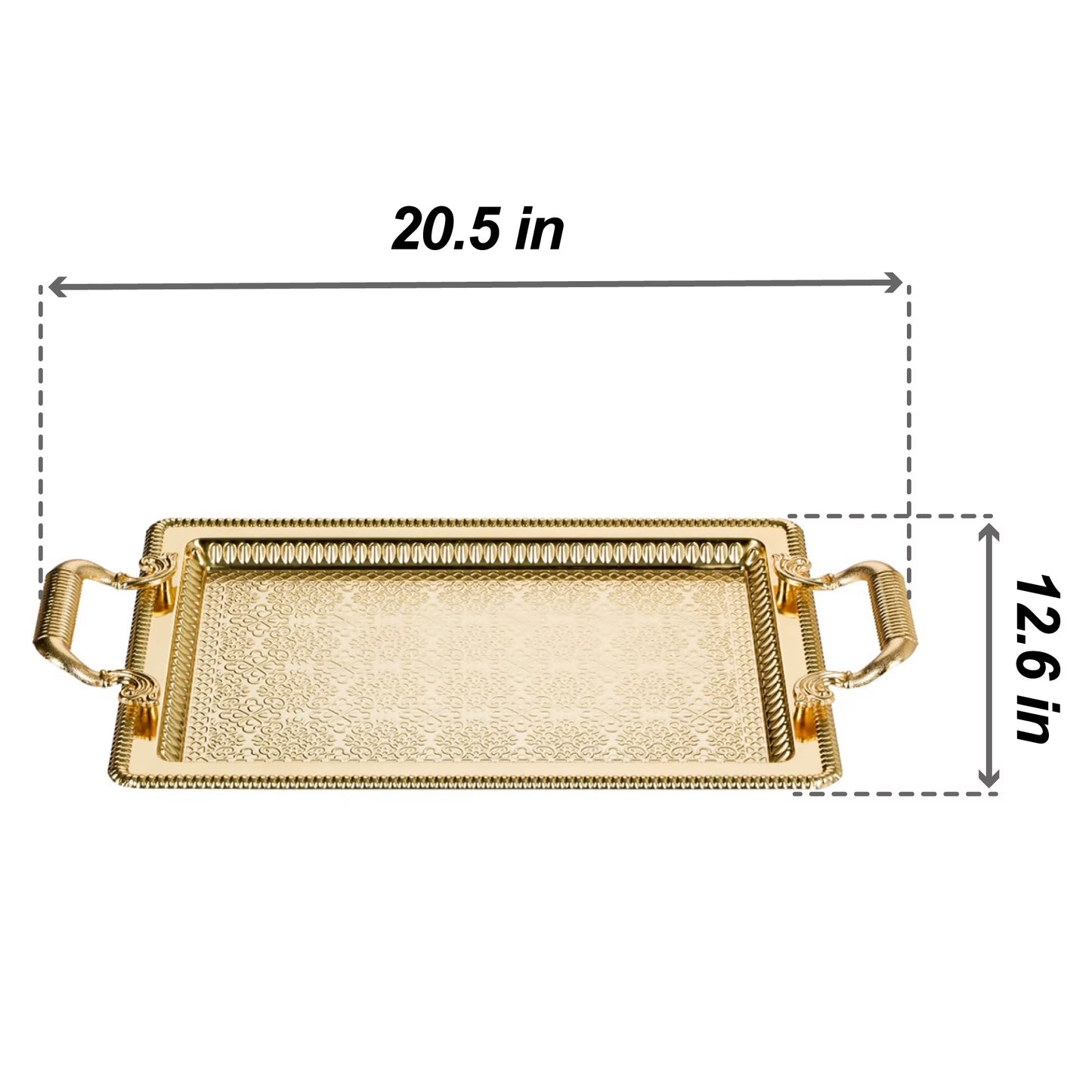 Decorative Embossed Rectangle Serving Tray with Gold Handles – 20.5" x 12.6", Gold/Silver
