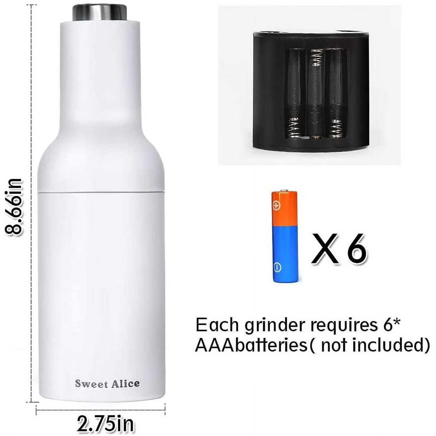 Automatic Gravity Salt and Pepper Grinder Set with Electric Ceramic Core – Black & White