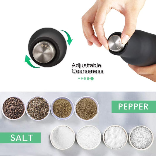Automatic Gravity Salt and Pepper Grinder Set with Electric Ceramic Core – Black & White