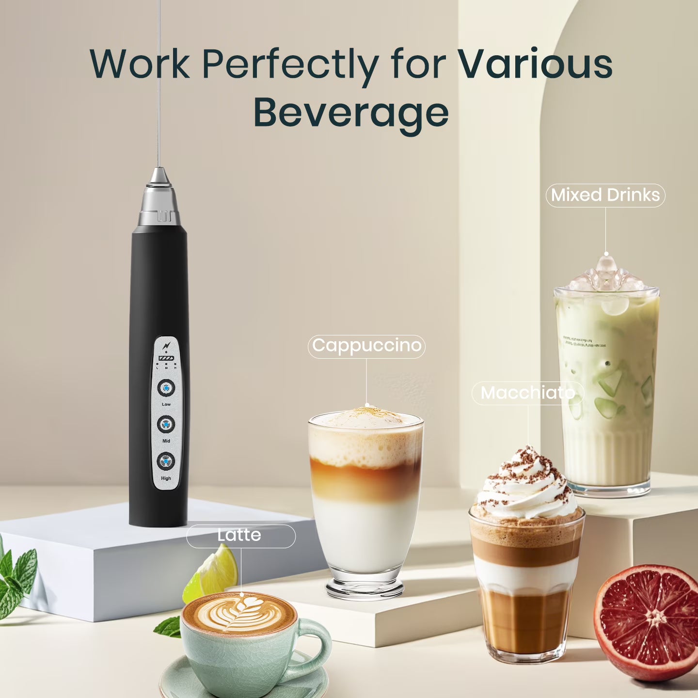 Rechargeable Handheld Milk Frother Wand with 3 Heads & 3 Speeds – Black