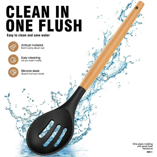 Silicone Cooking Utensils Set with Wooden Handles & Holder – Black