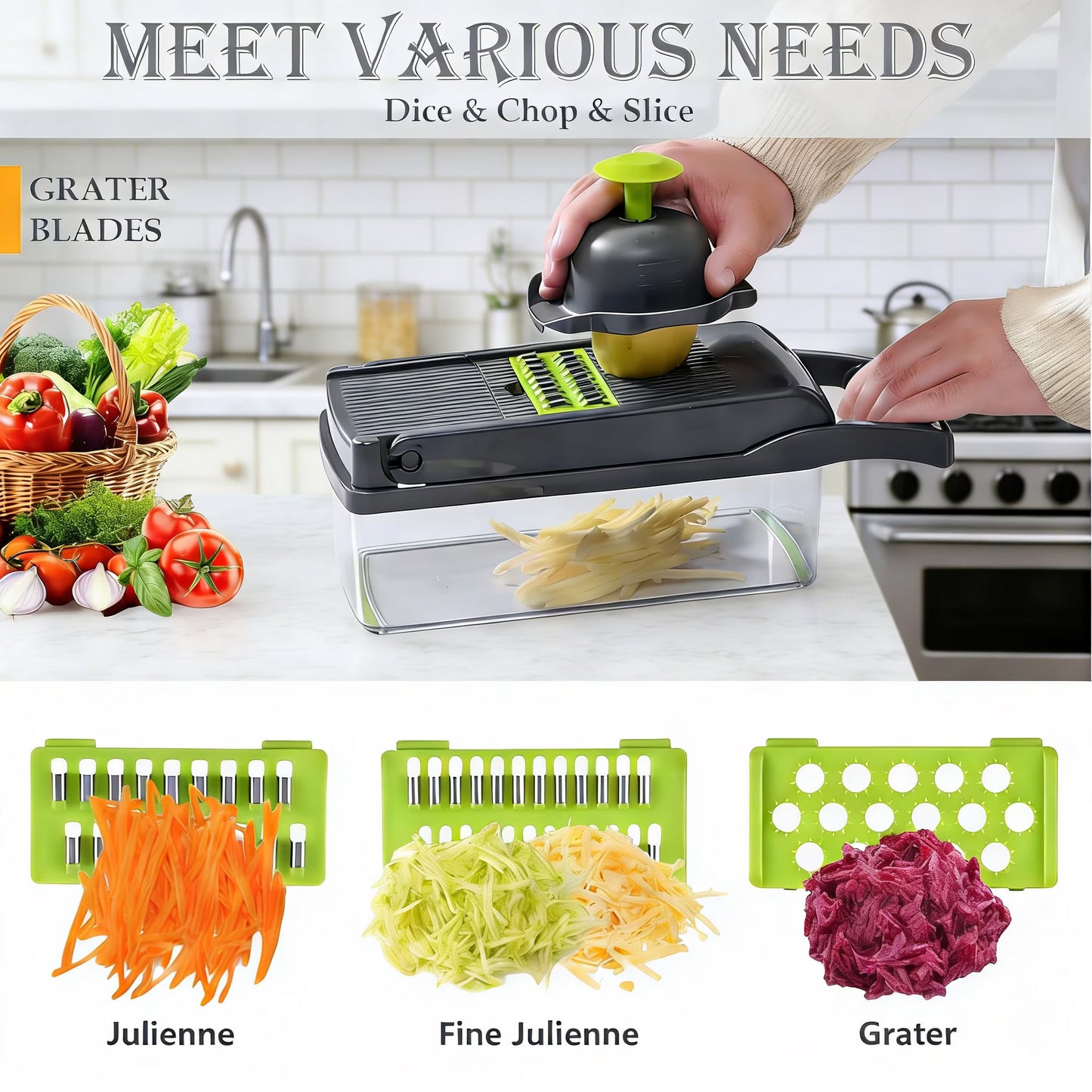 10-in-1 Vegetable Chopper Mandoline Slicer with Colander Basket & Storage Case