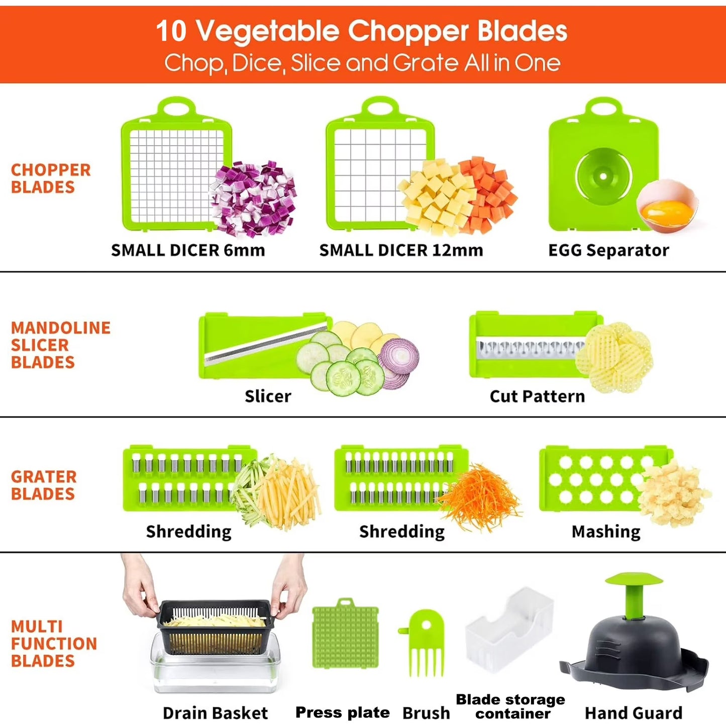 10-in-1 Vegetable Chopper Mandoline Slicer with Colander Basket & Storage Case