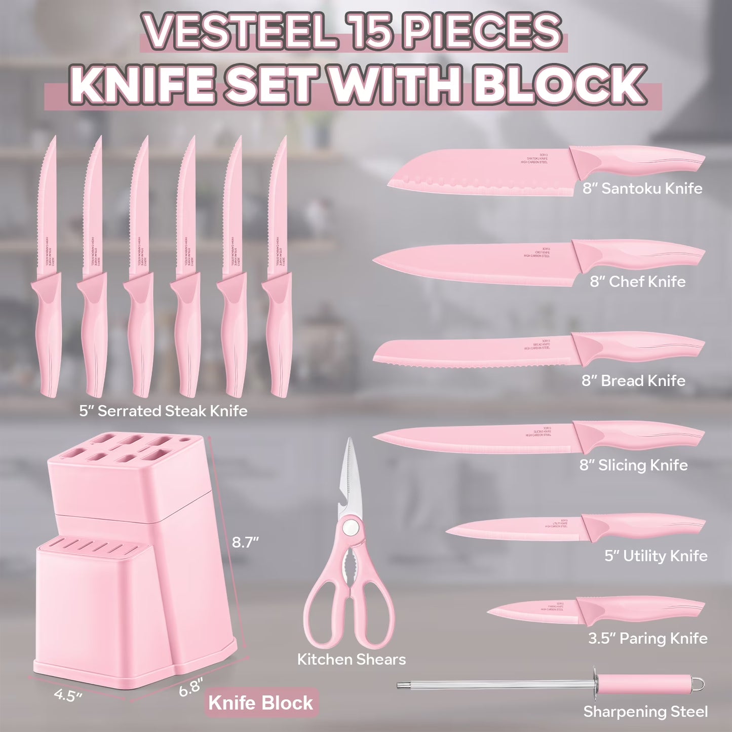 Vesteel 15-Piece Kitchen Knife Set with Block & Sharpener