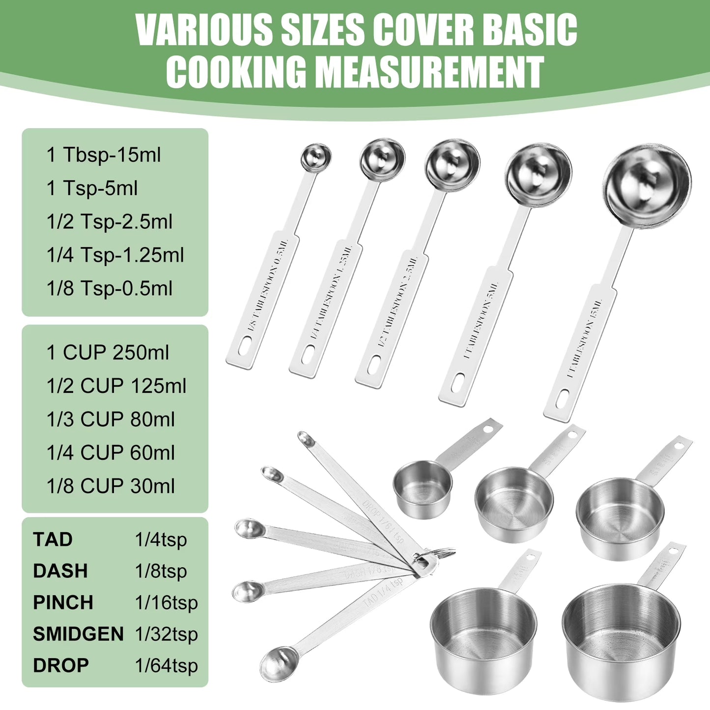 16-Piece Stainless Steel Measuring Cups & Spoons Set for Cooking & Baking