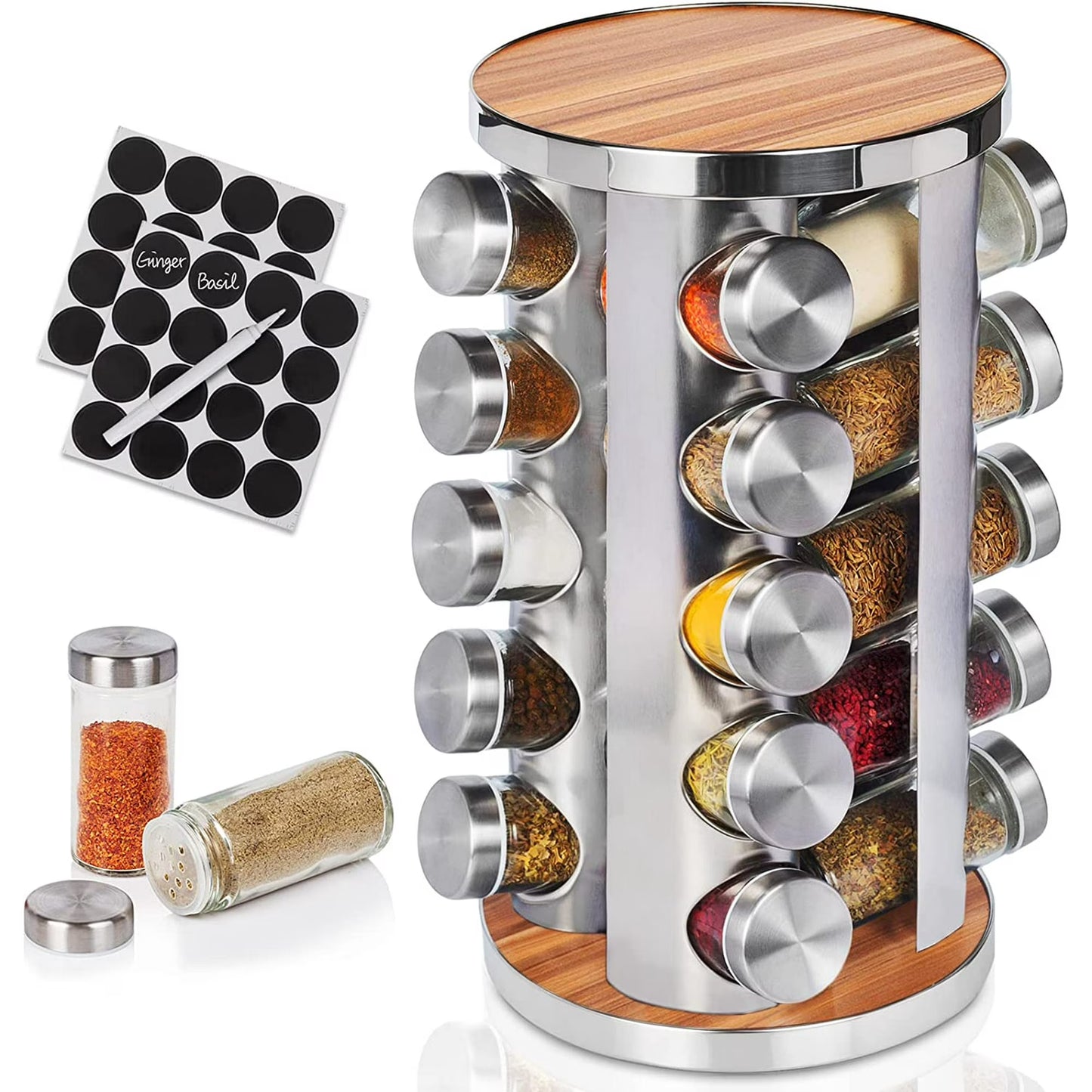 Baker Boutique Wood Grain Rotating Spice Rack with 20 Seasoning Jars