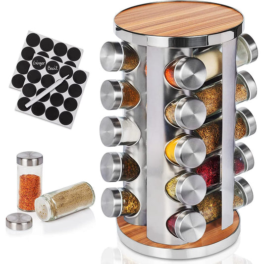 Baker Boutique Wood Grain Rotating Spice Rack with 20 Seasoning Jars