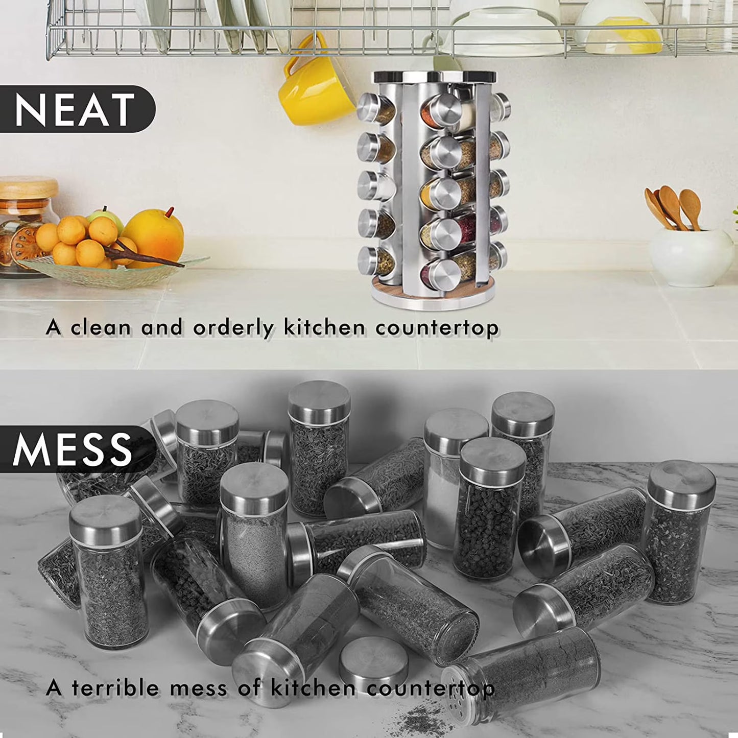 Baker Boutique Wood Grain Rotating Spice Rack with 20 Seasoning Jars