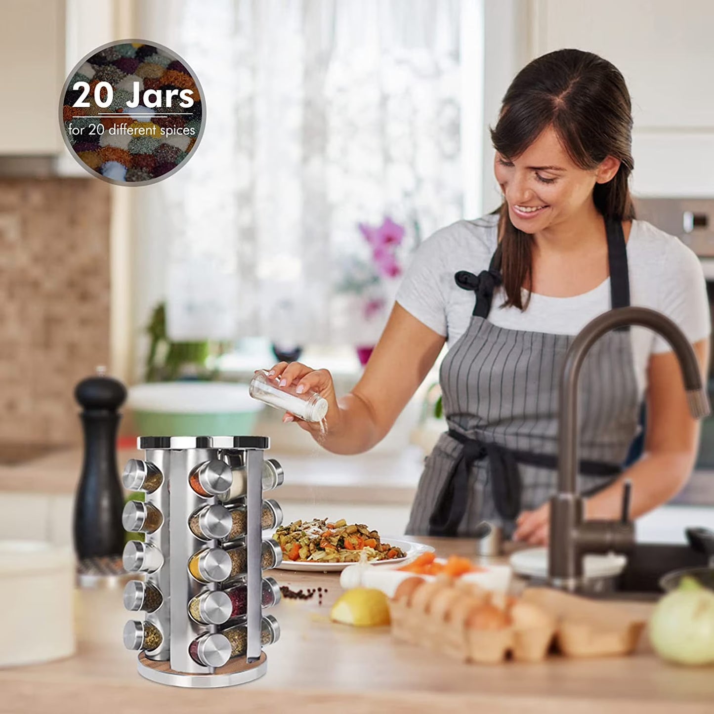 Baker Boutique Wood Grain Rotating Spice Rack with 20 Seasoning Jars