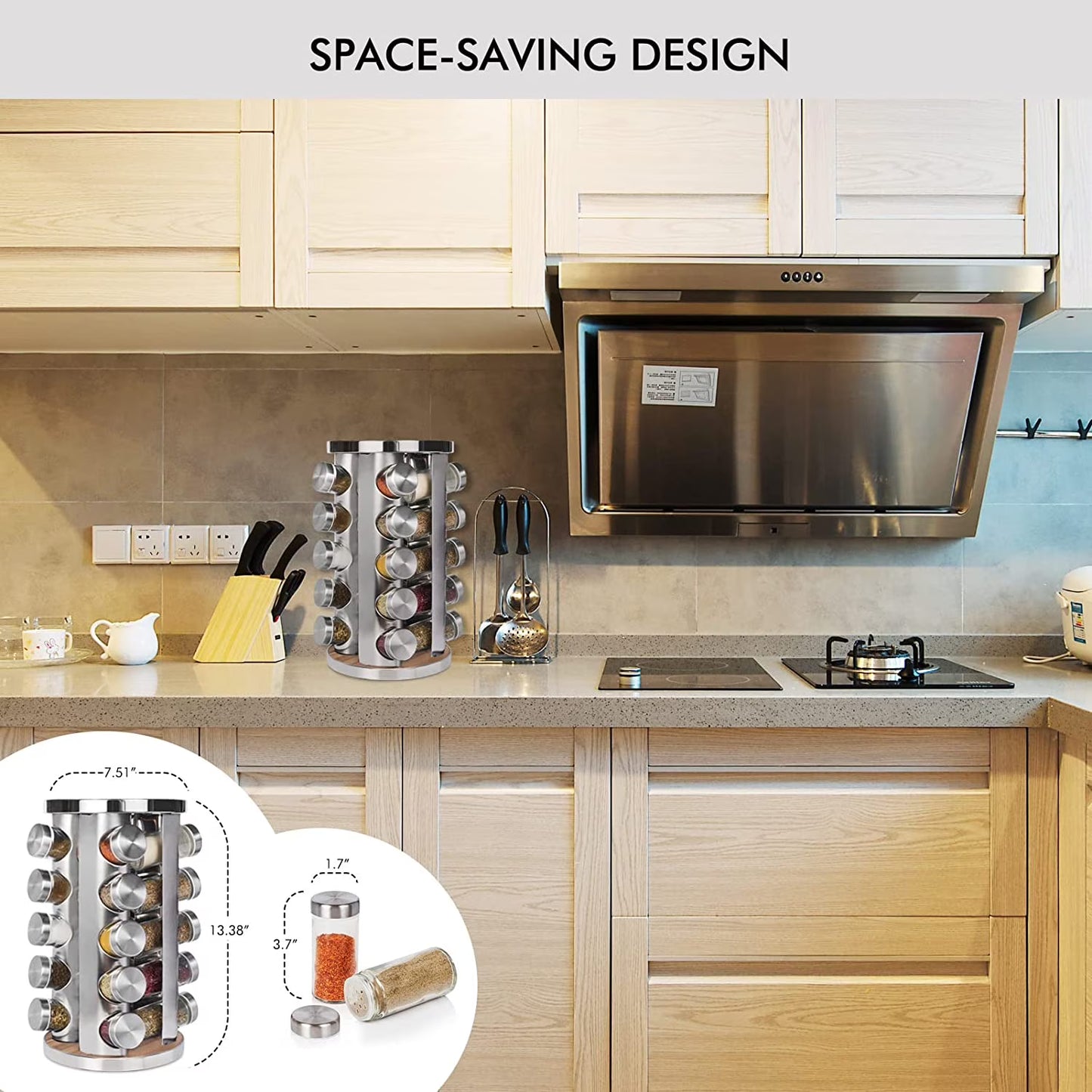 Baker Boutique Wood Grain Rotating Spice Rack with 20 Seasoning Jars