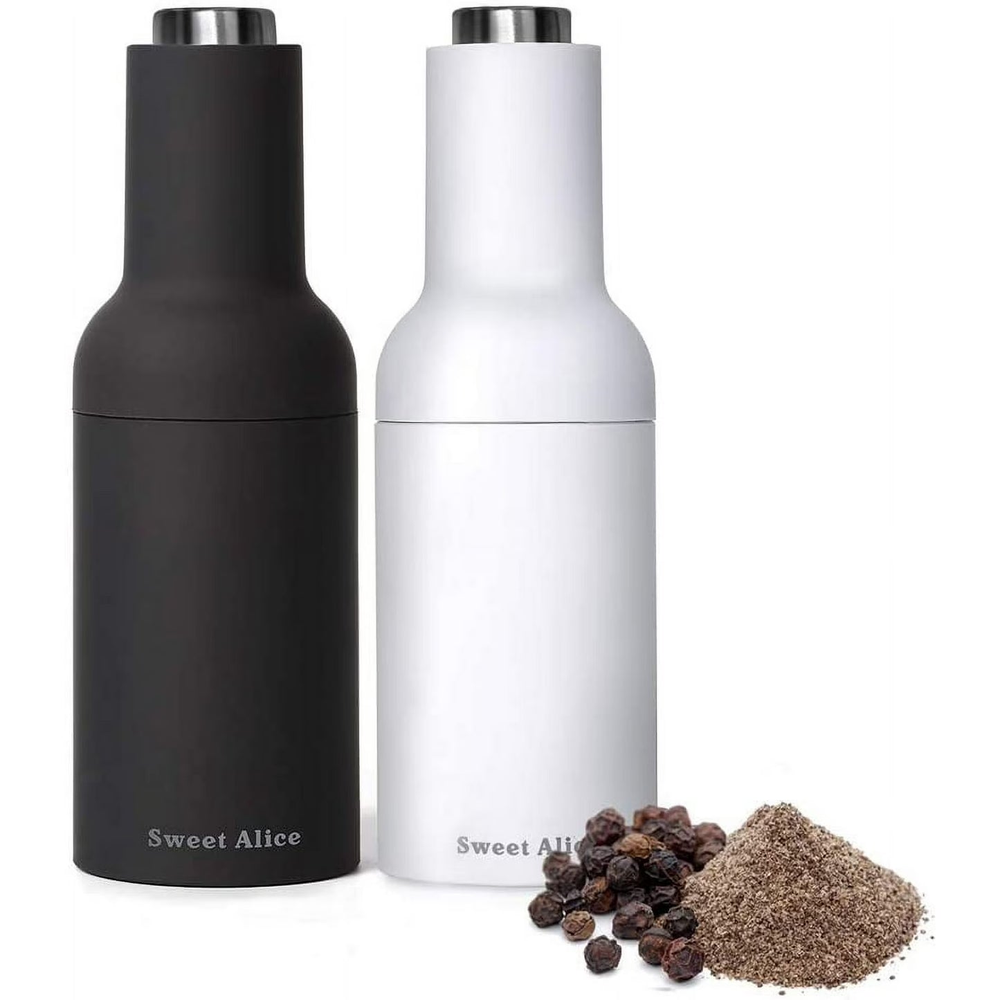 Automatic Gravity Salt and Pepper Grinder Set with Electric Ceramic Core – Black & White