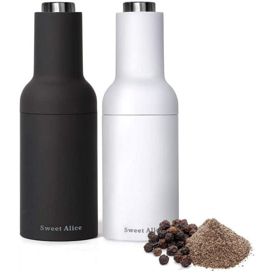 Automatic Gravity Salt and Pepper Grinder Set with Electric Ceramic Core – Black & White
