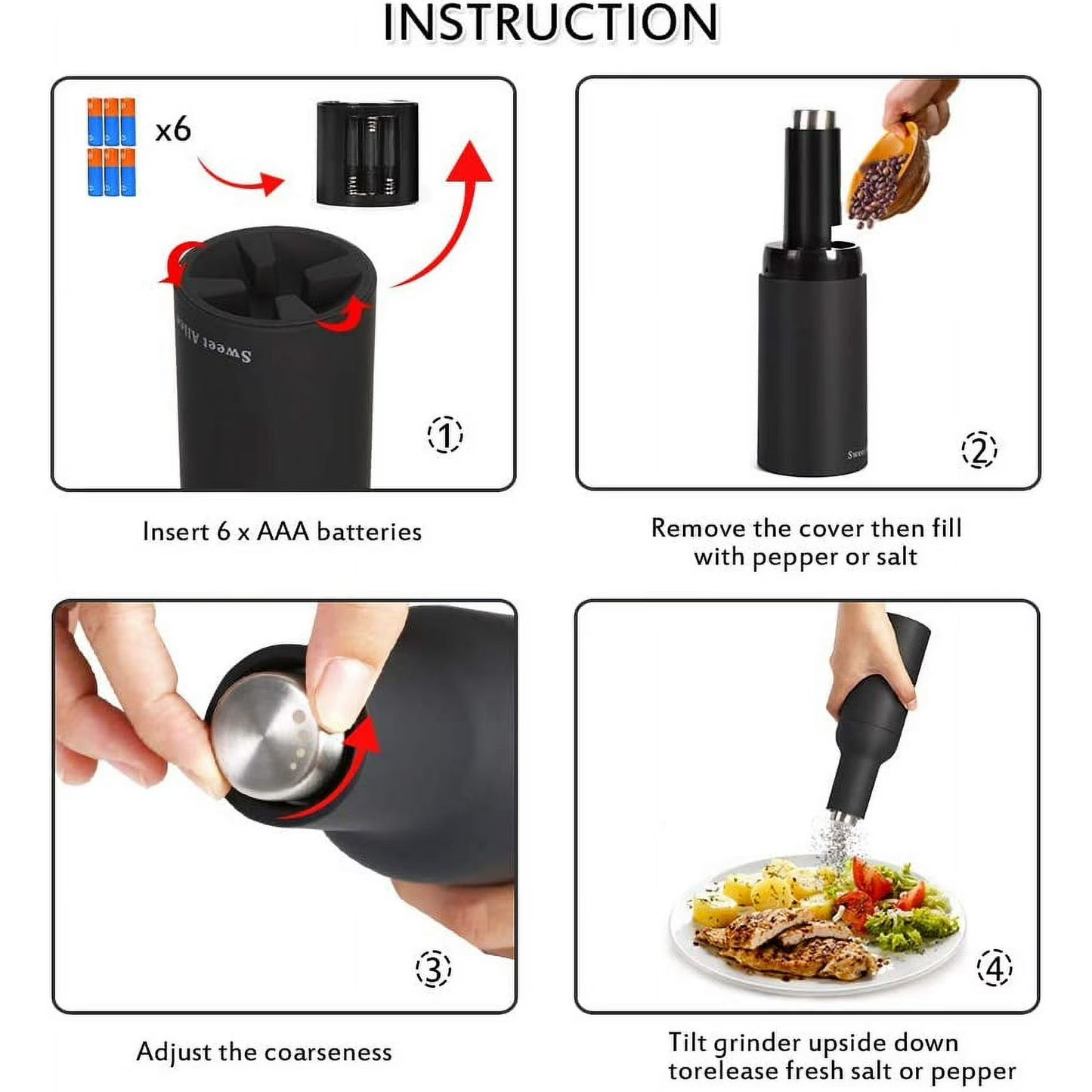 Automatic Gravity Salt and Pepper Grinder Set with Electric Ceramic Core – Black & White