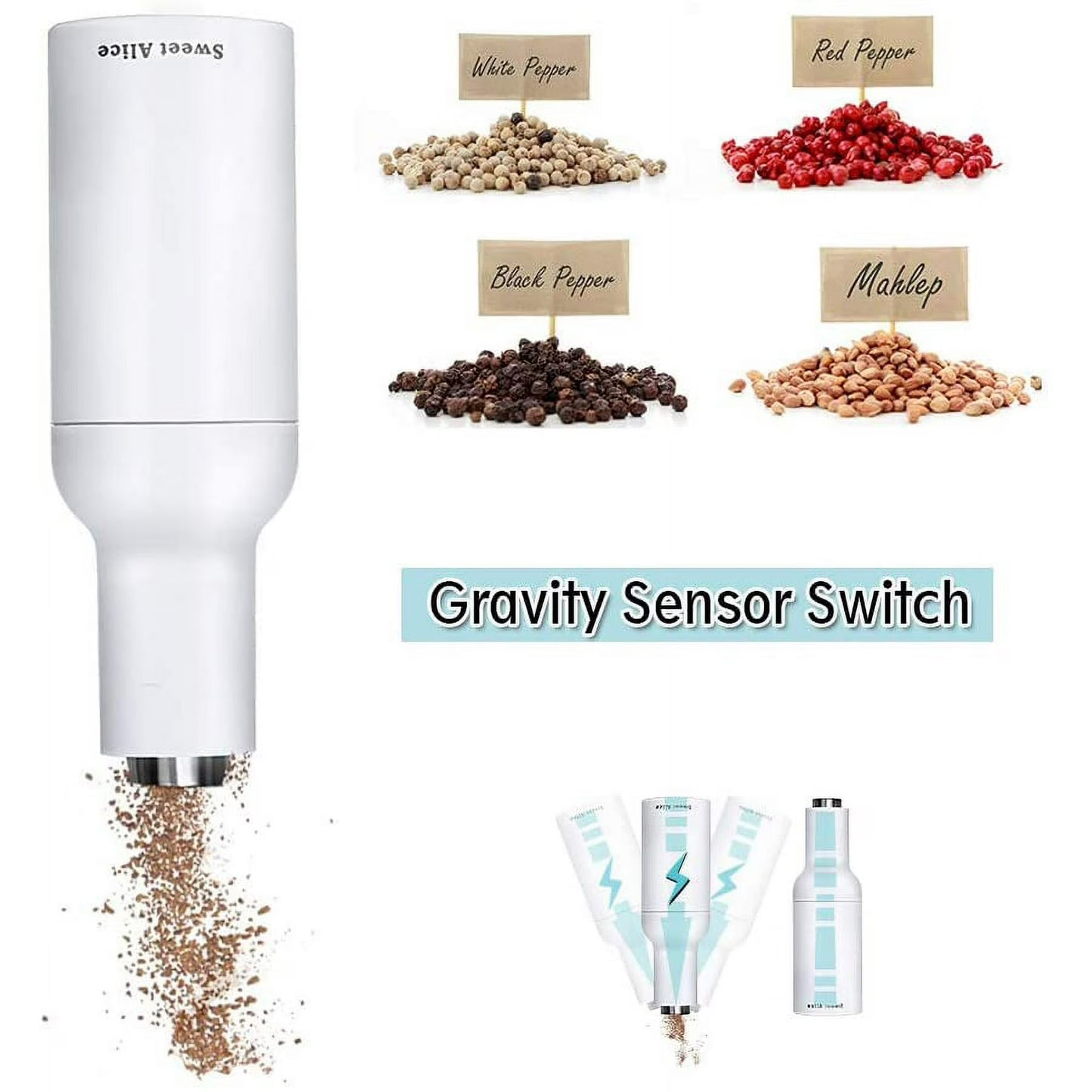 Automatic Gravity Salt and Pepper Grinder Set with Electric Ceramic Core – Black & White