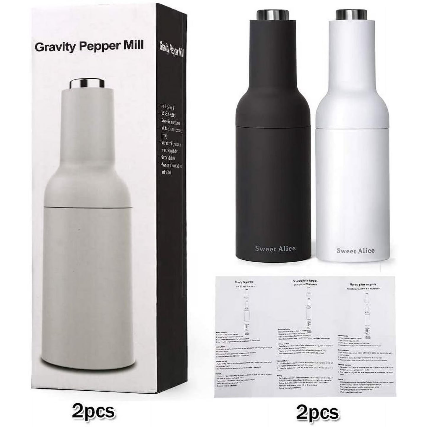 Automatic Gravity Salt and Pepper Grinder Set with Electric Ceramic Core – Black & White
