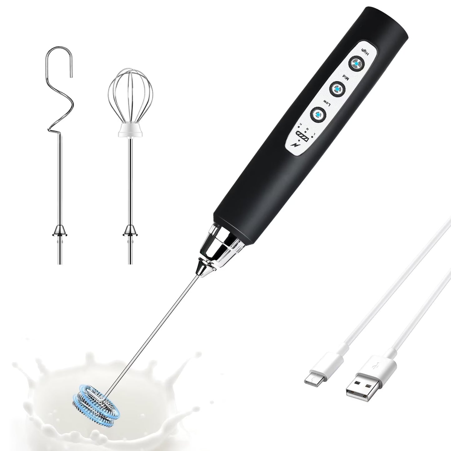 Rechargeable Handheld Milk Frother Wand with 3 Heads & 3 Speeds – Black