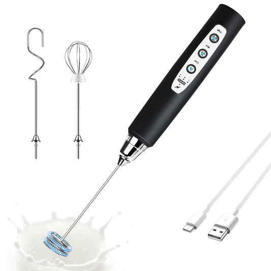 Rechargeable Handheld Milk Frother Wand with 3 Heads & 3 Speeds – Black