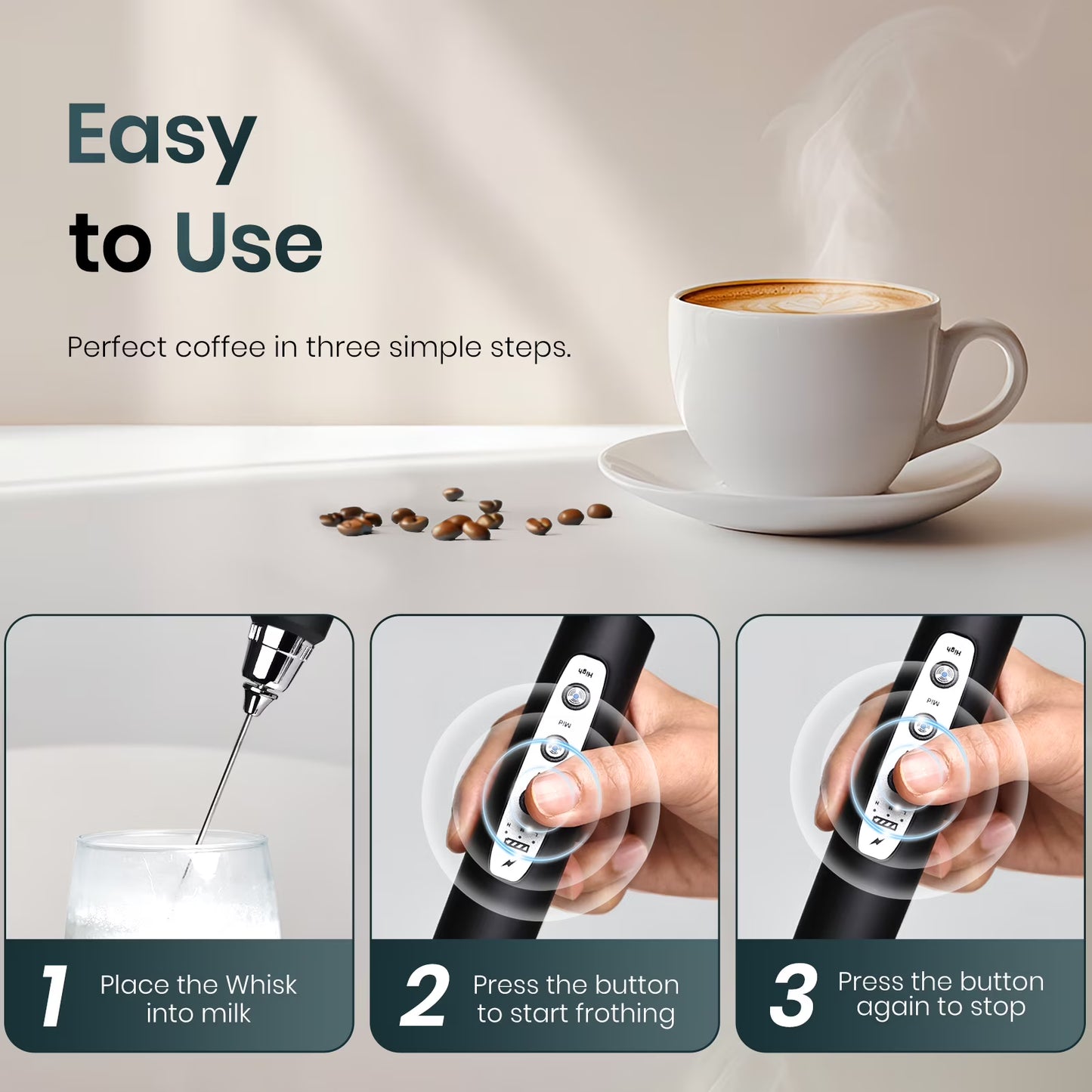 Rechargeable Handheld Milk Frother Wand with 3 Heads & 3 Speeds – Black