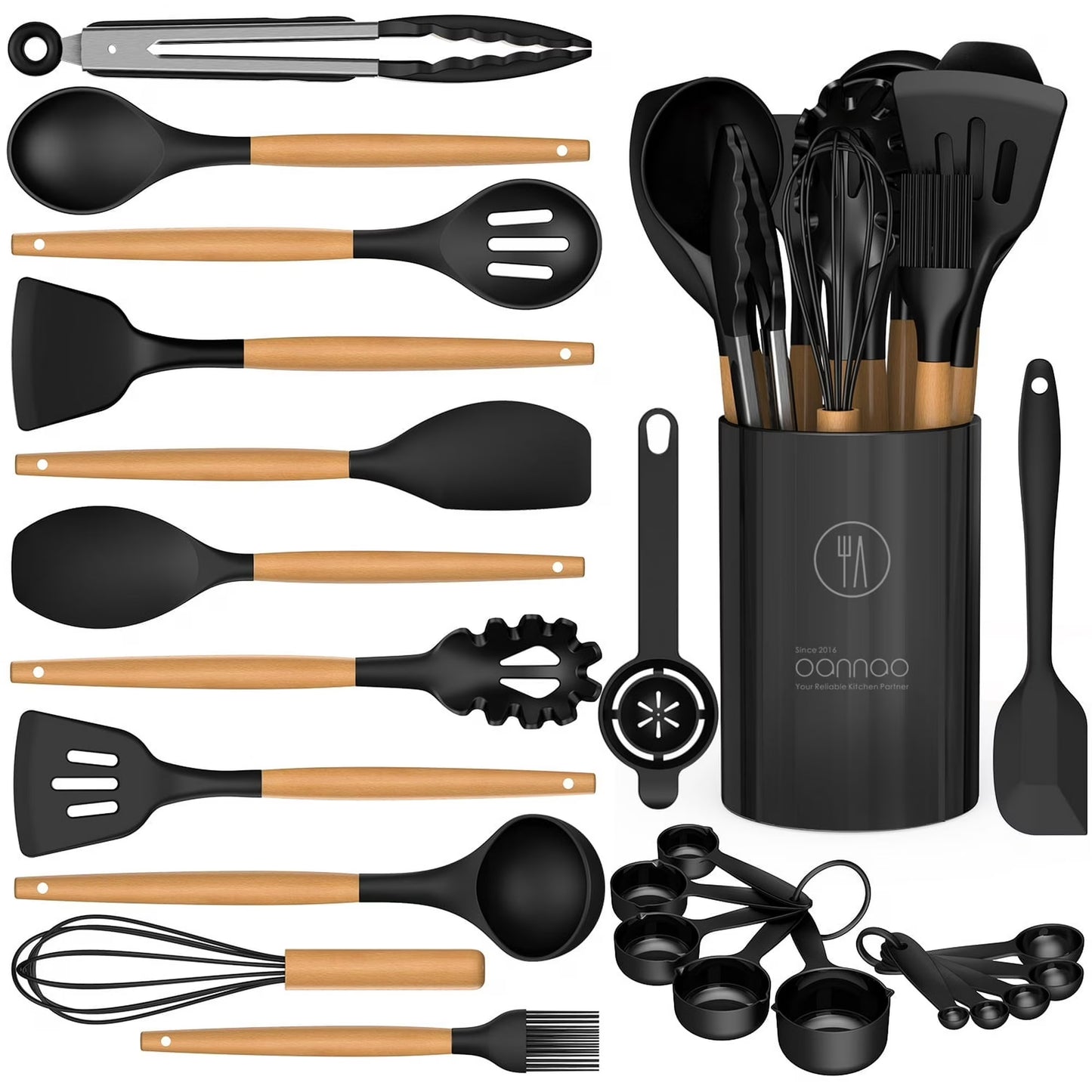Silicone Cooking Utensils Set with Wooden Handles & Holder – Black