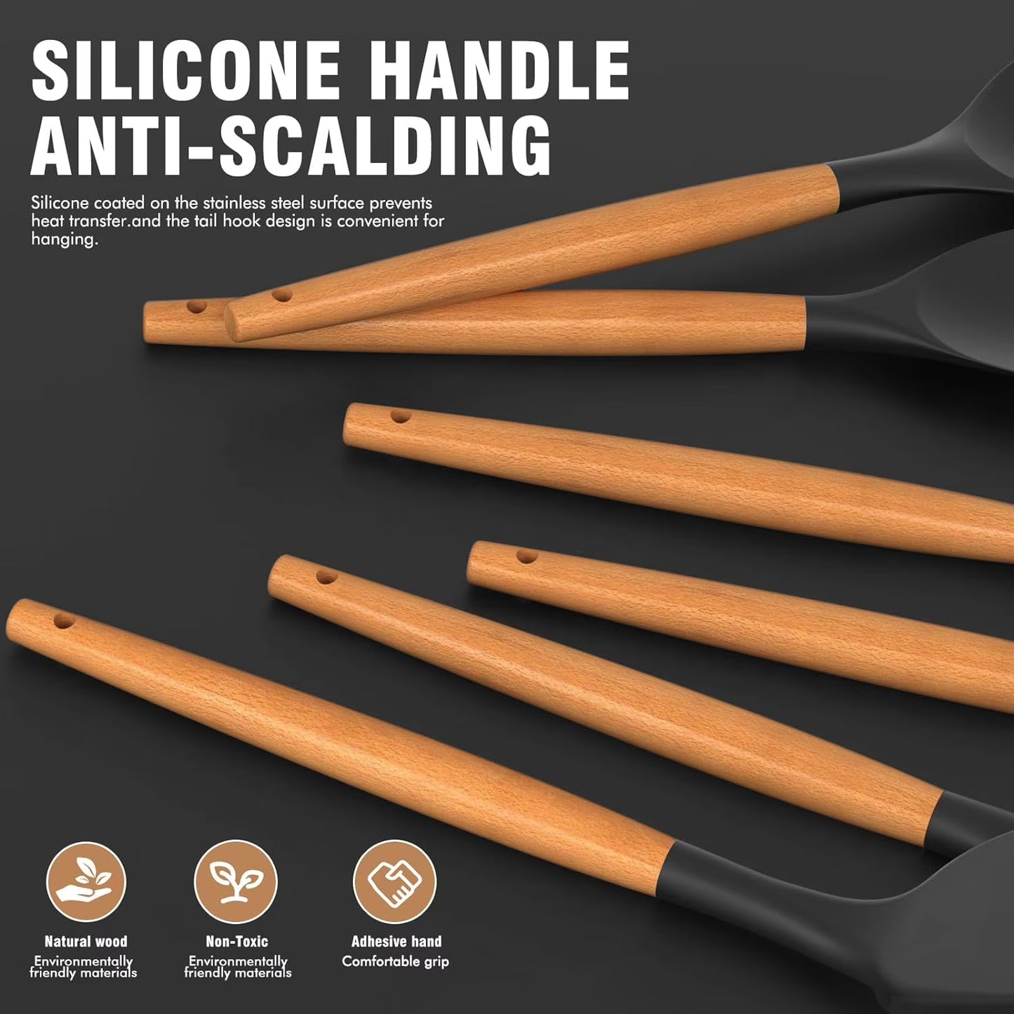 Silicone Cooking Utensils Set with Wooden Handles & Holder – Black