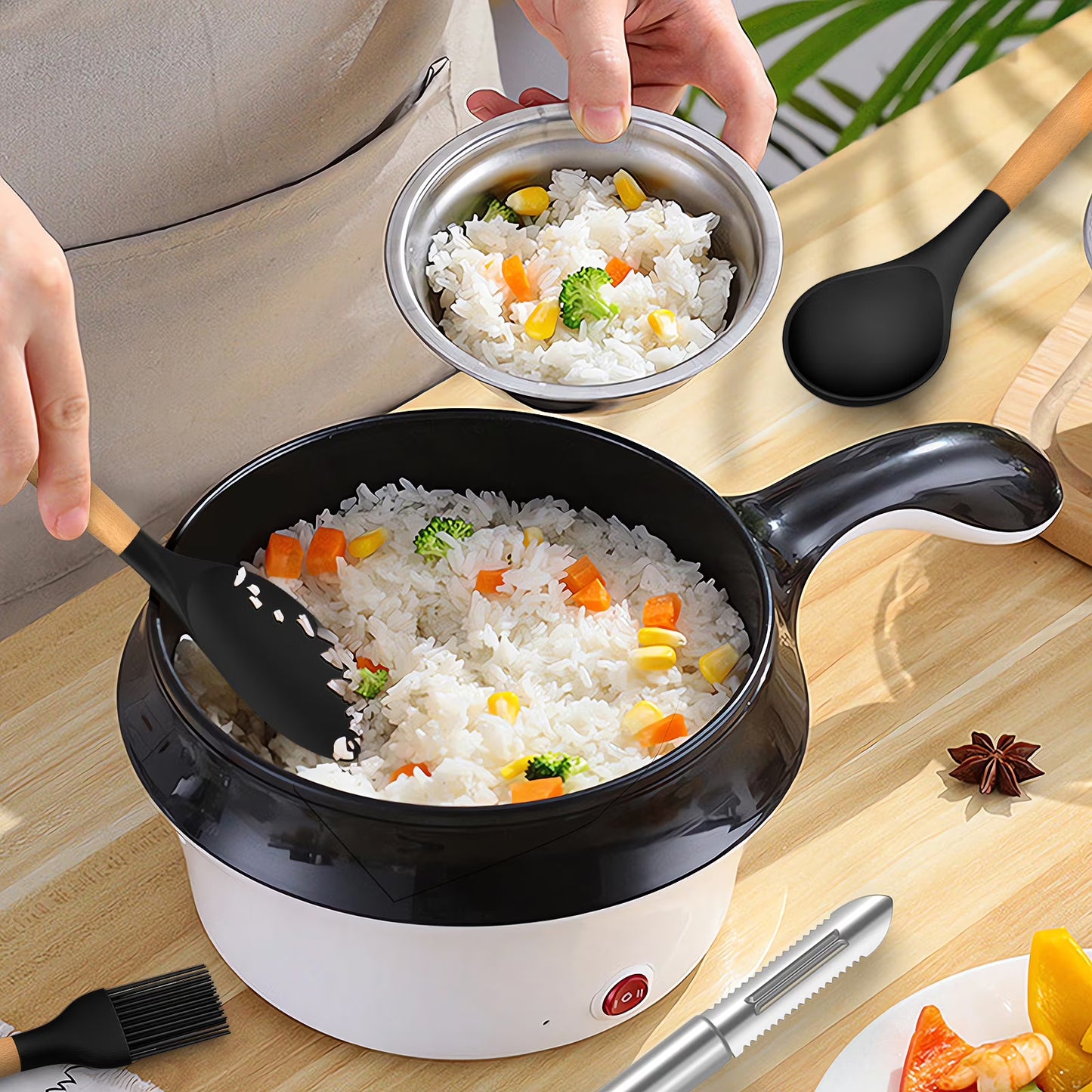 Silicone Cooking Utensils Set with Wooden Handles & Holder – Black