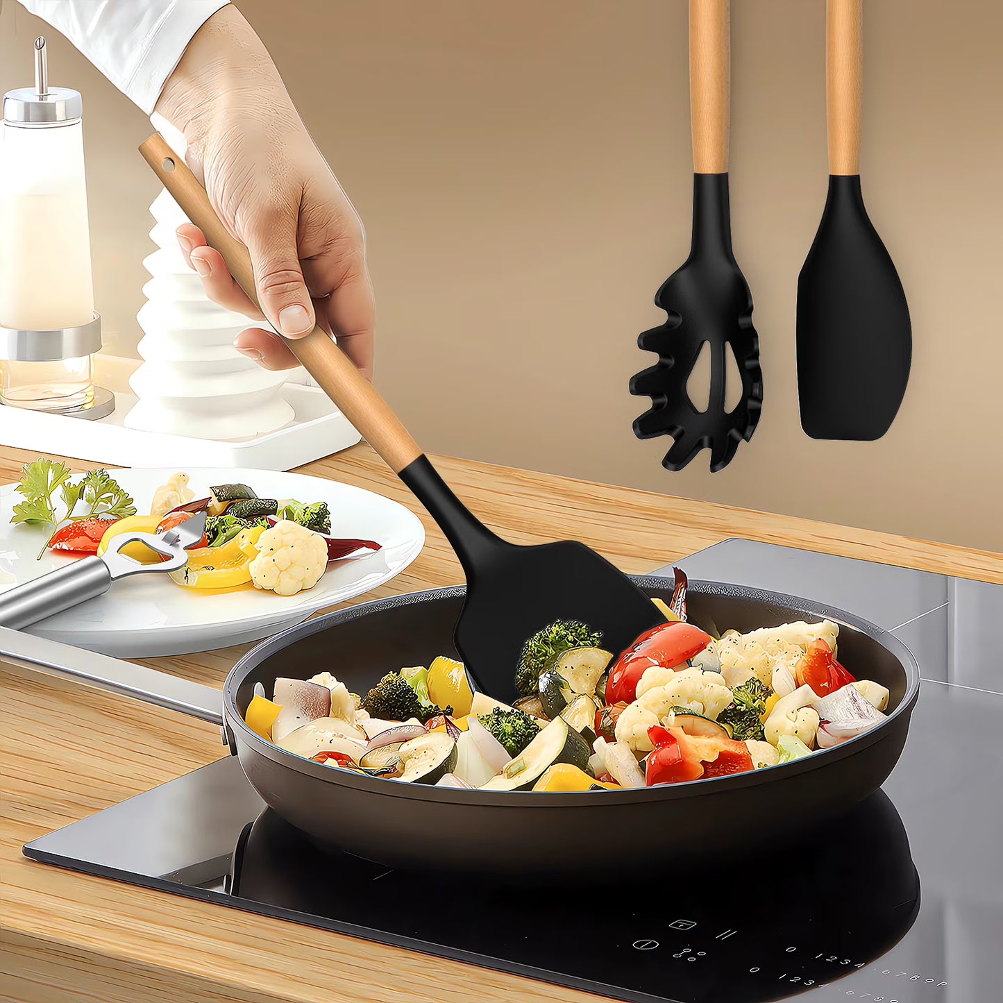 Silicone Cooking Utensils Set with Wooden Handles & Holder – Black
