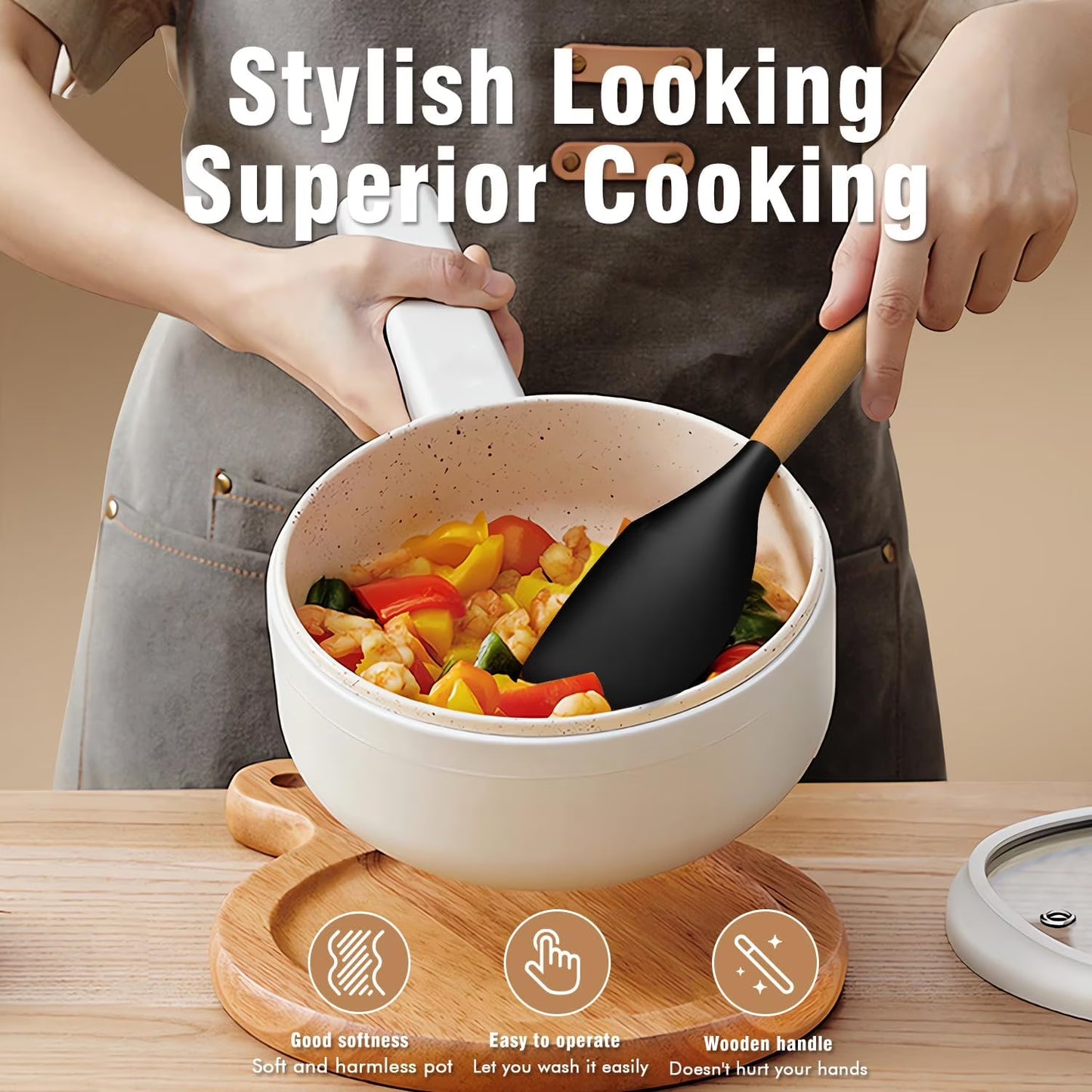 Silicone Cooking Utensils Set with Wooden Handles & Holder – Black