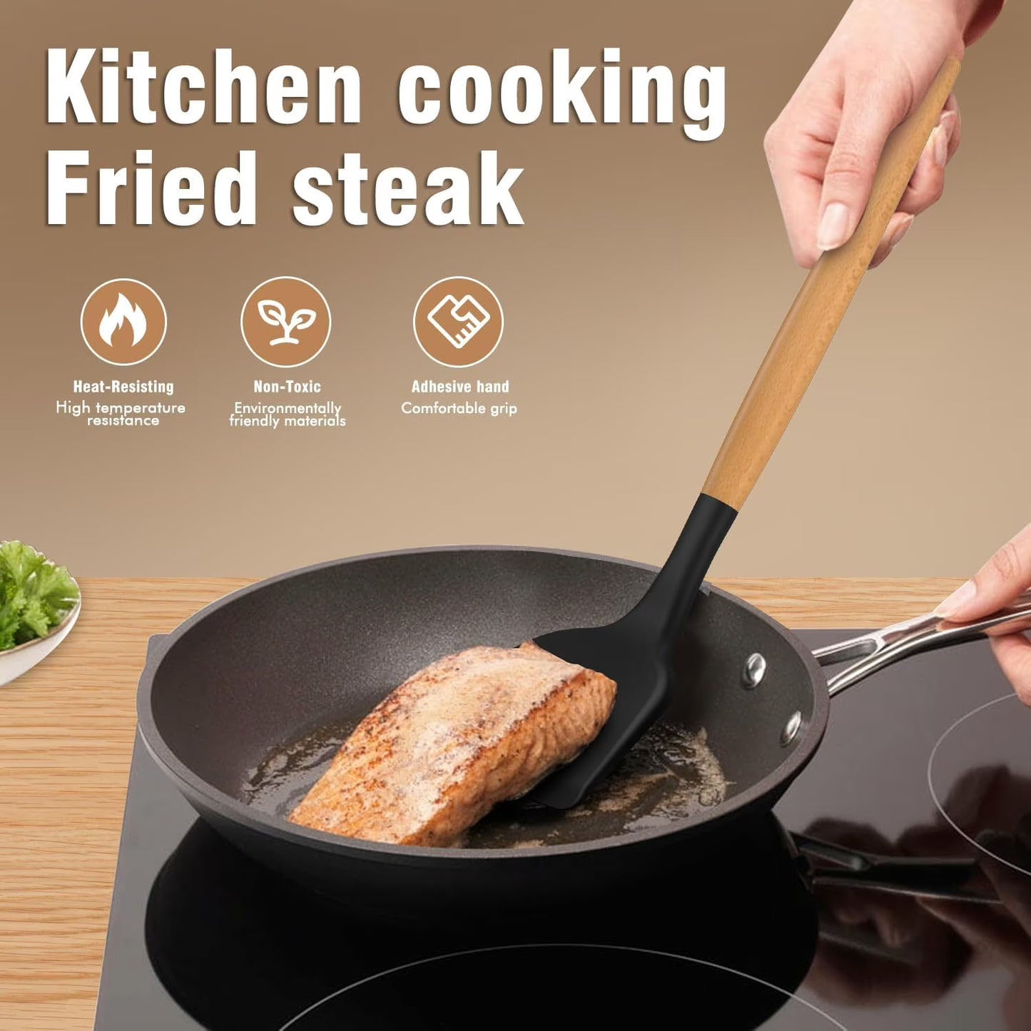 Silicone Cooking Utensils Set with Wooden Handles & Holder – Black