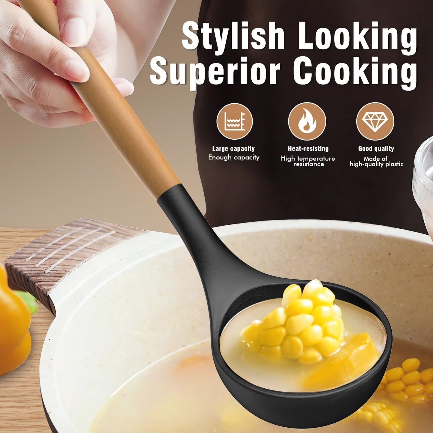 Silicone Cooking Utensils Set with Wooden Handles & Holder – Black