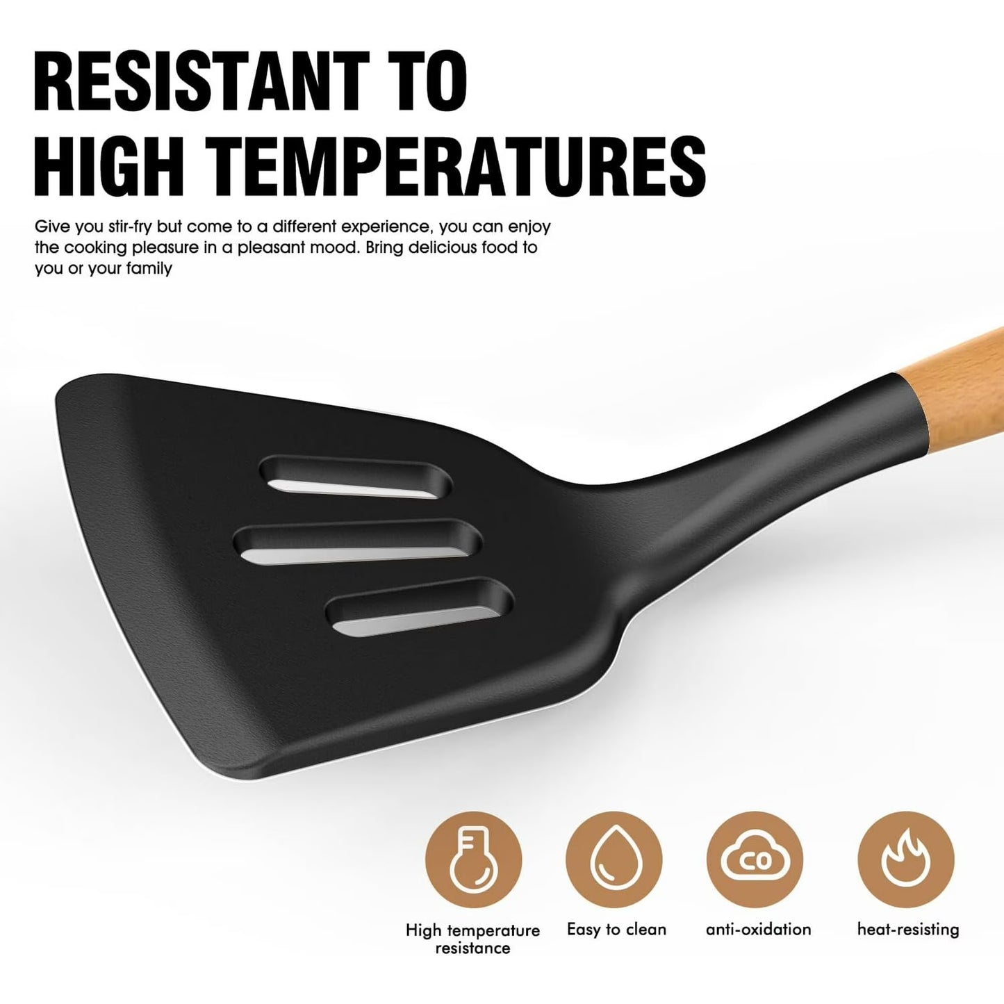 Silicone Cooking Utensils Set with Wooden Handles & Holder – Black