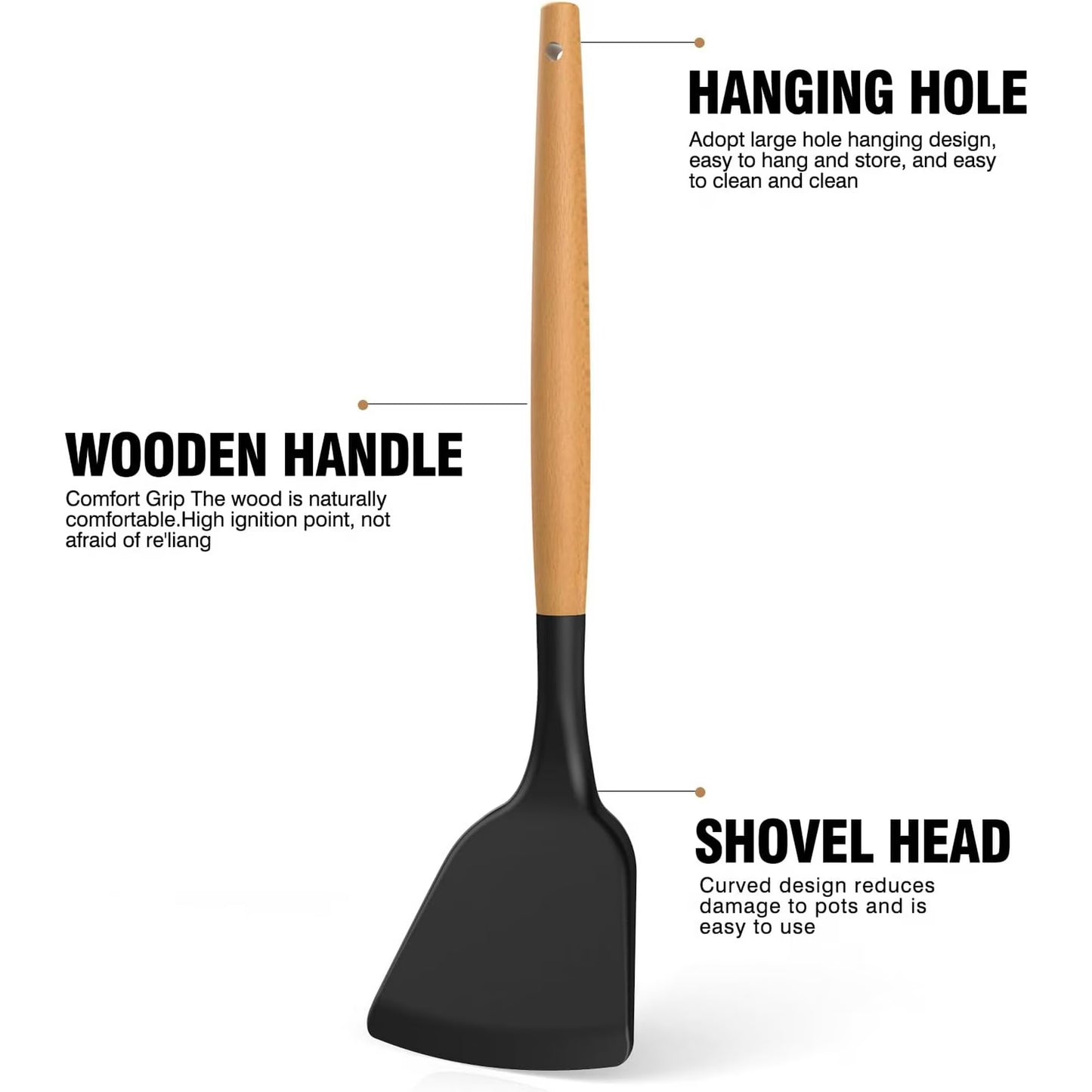 Silicone Cooking Utensils Set with Wooden Handles & Holder – Black